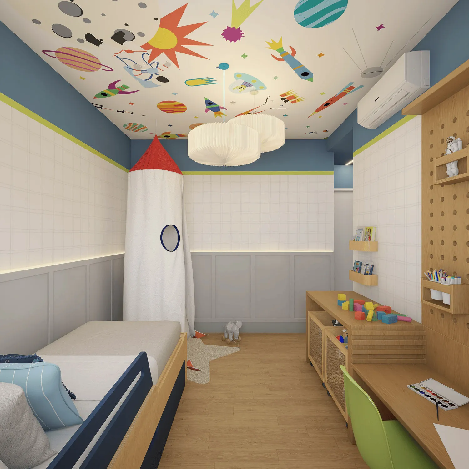 Render do quarto infantil com teto de tema espacial, cama com grade, tenda de foguete e marcenaria de madeira