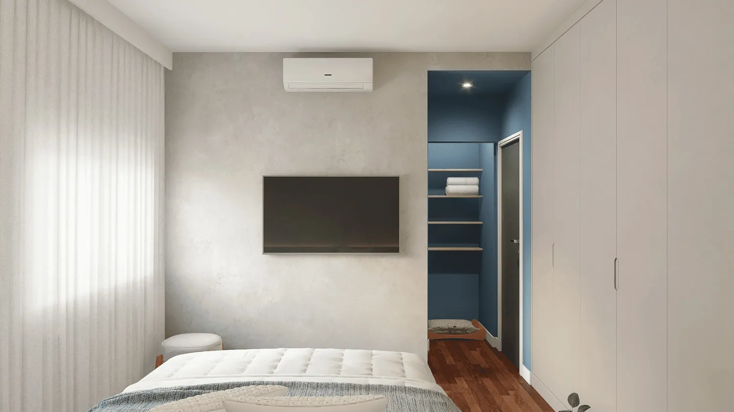 Render da suíte com TV na parede de cimento queimado, closet azul com prateleiras e guarda-roupa bege