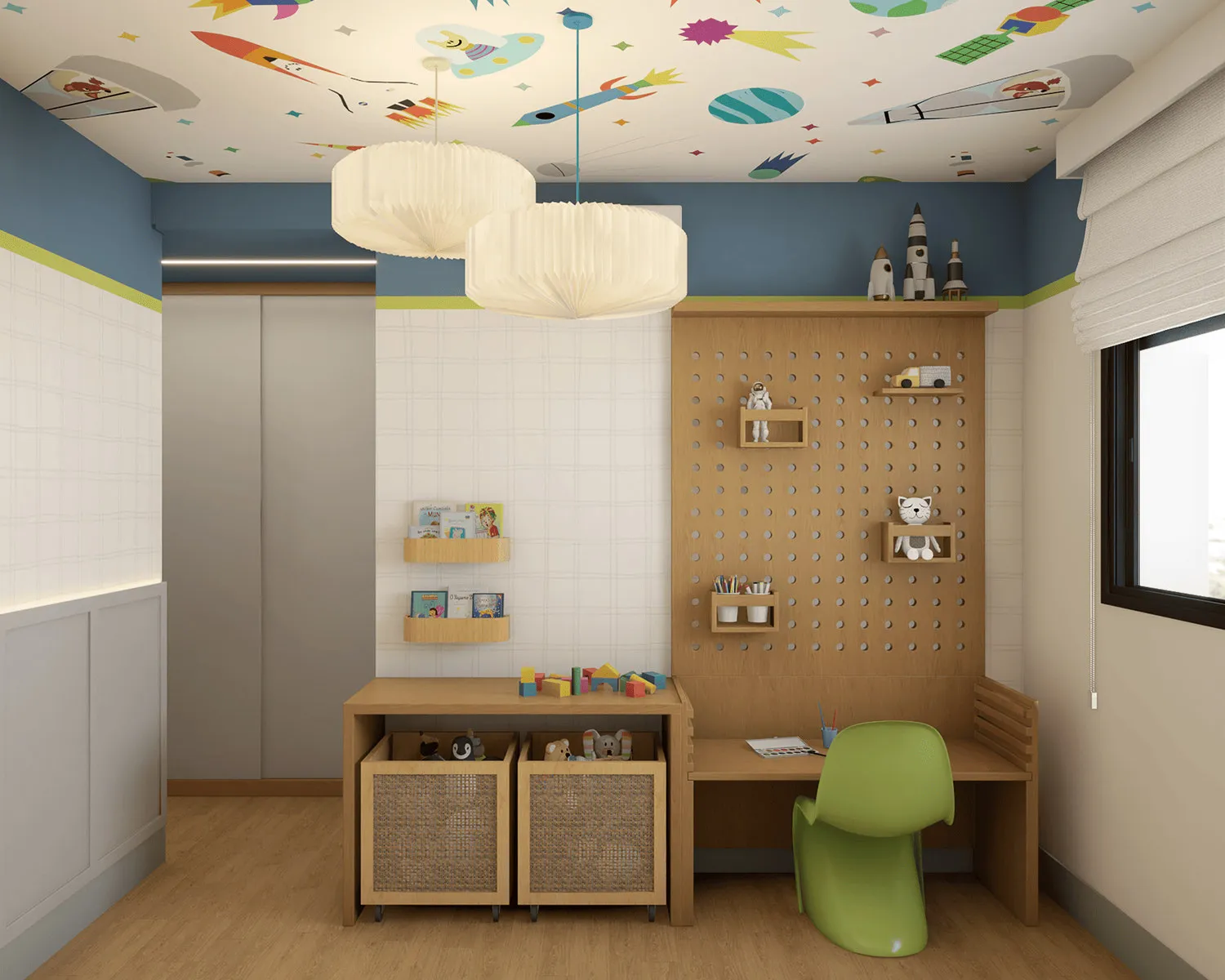 Projeto 3D do quarto infantil com painel pegboard de madeira, teto espacial e cantinho de brincar