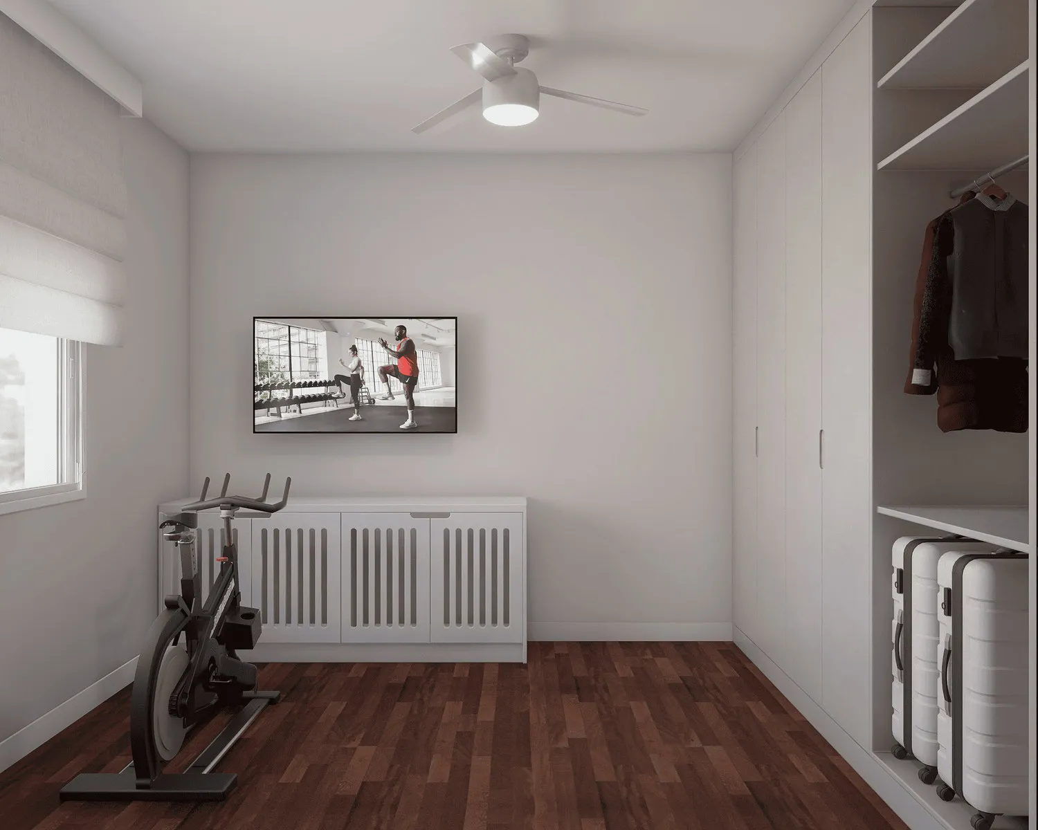 Render da sala de ginástica com bicicleta de spinning, TV e guarda-roupa branco planejado