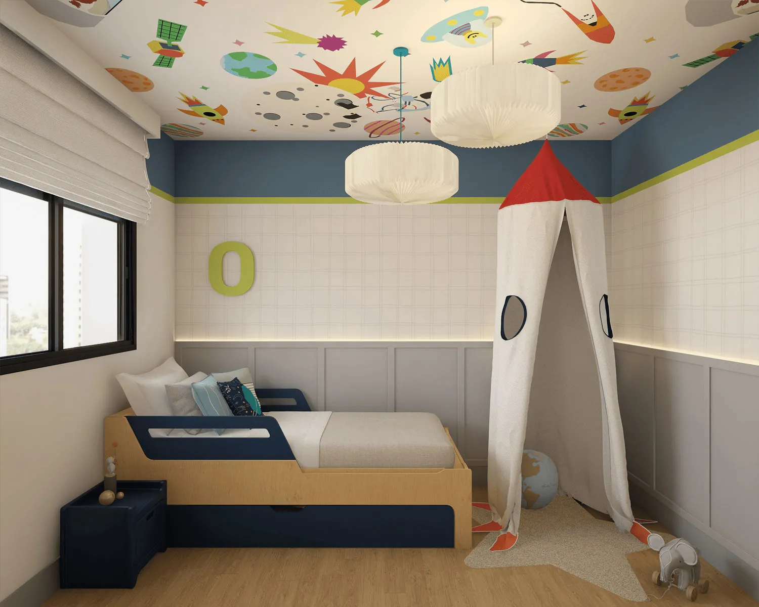 Render do quarto infantil com cama de madeira, tenda de foguete, boiserie cinza e teto de tema espacial