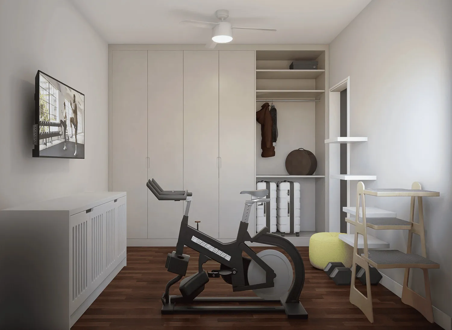 Projeto 3D da home gym com bicicleta de spinning, closet aberto com malas e torre de gato