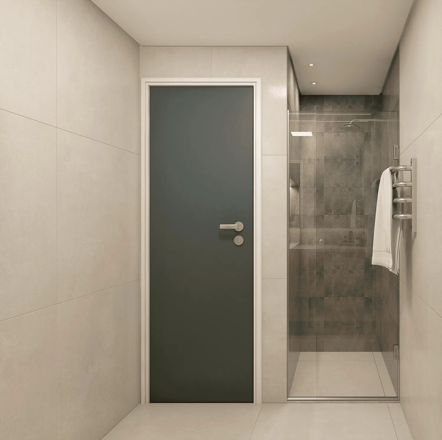Render do banheiro com porta verde e box de vidro com revestimento cinza