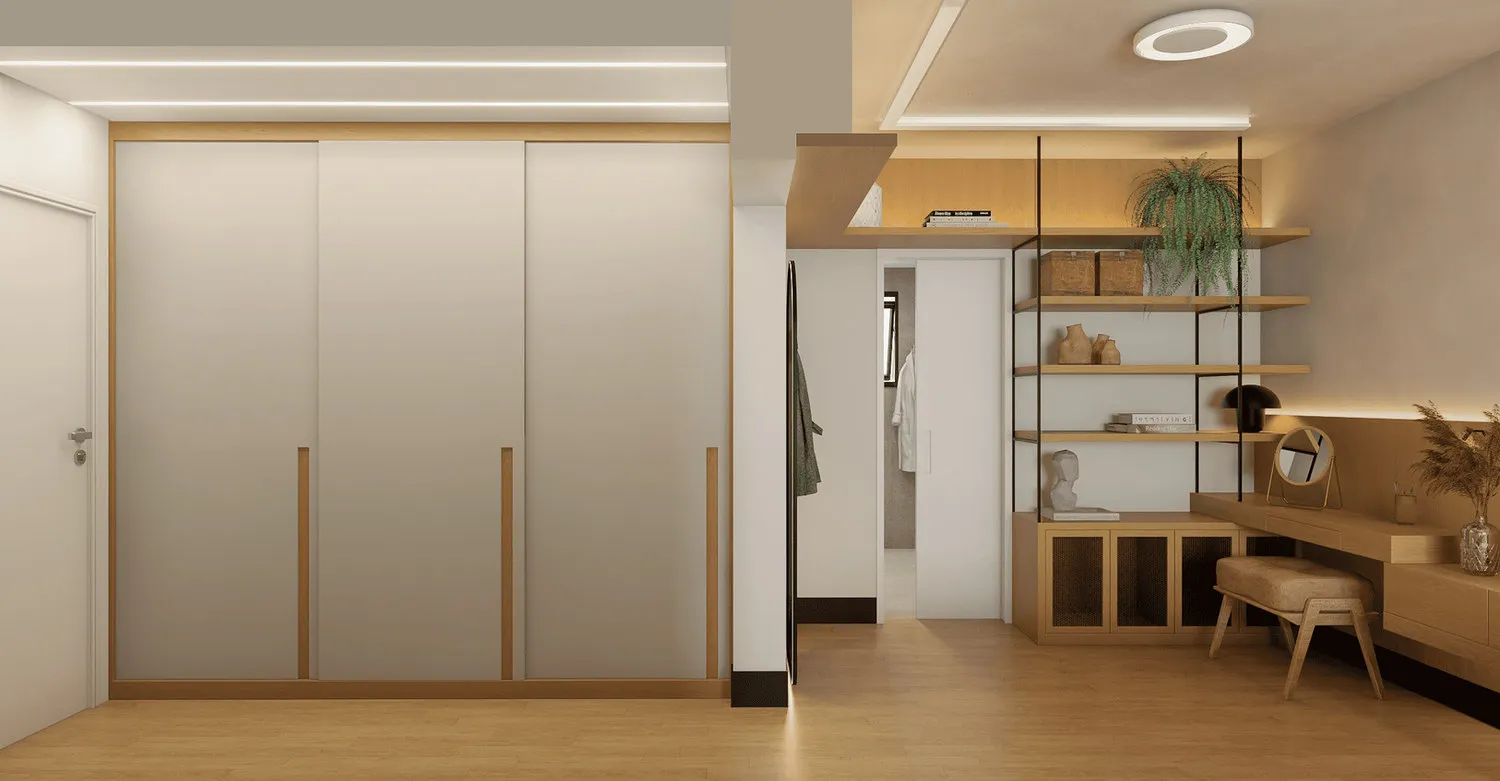 Render do closet com armários de correr claros, estante metálica vazada e penteadeira de madeira