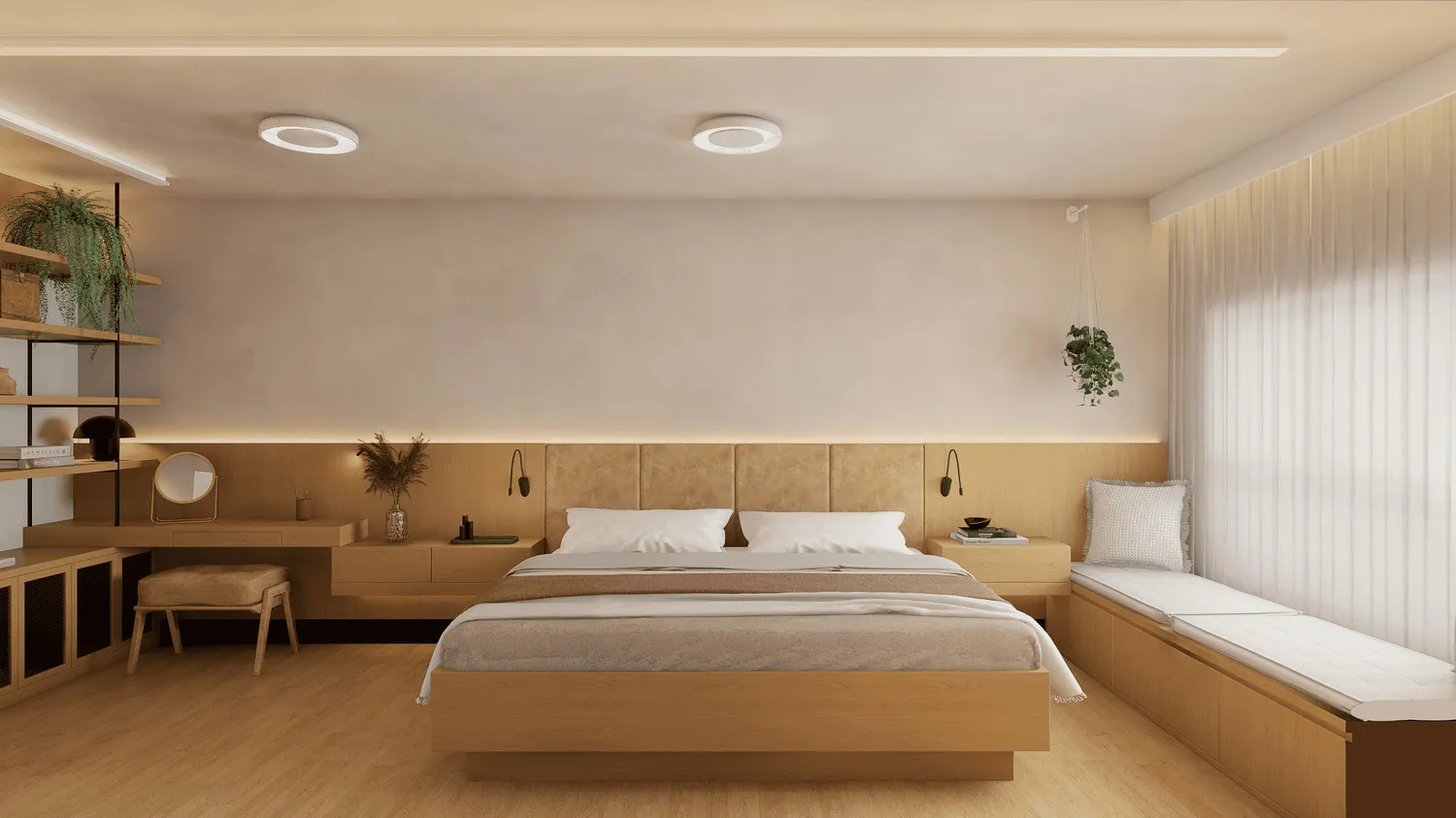 Projeto 3D da suíte com cama de madeira, cabeceira estofada, penteadeira e banco sob a janela