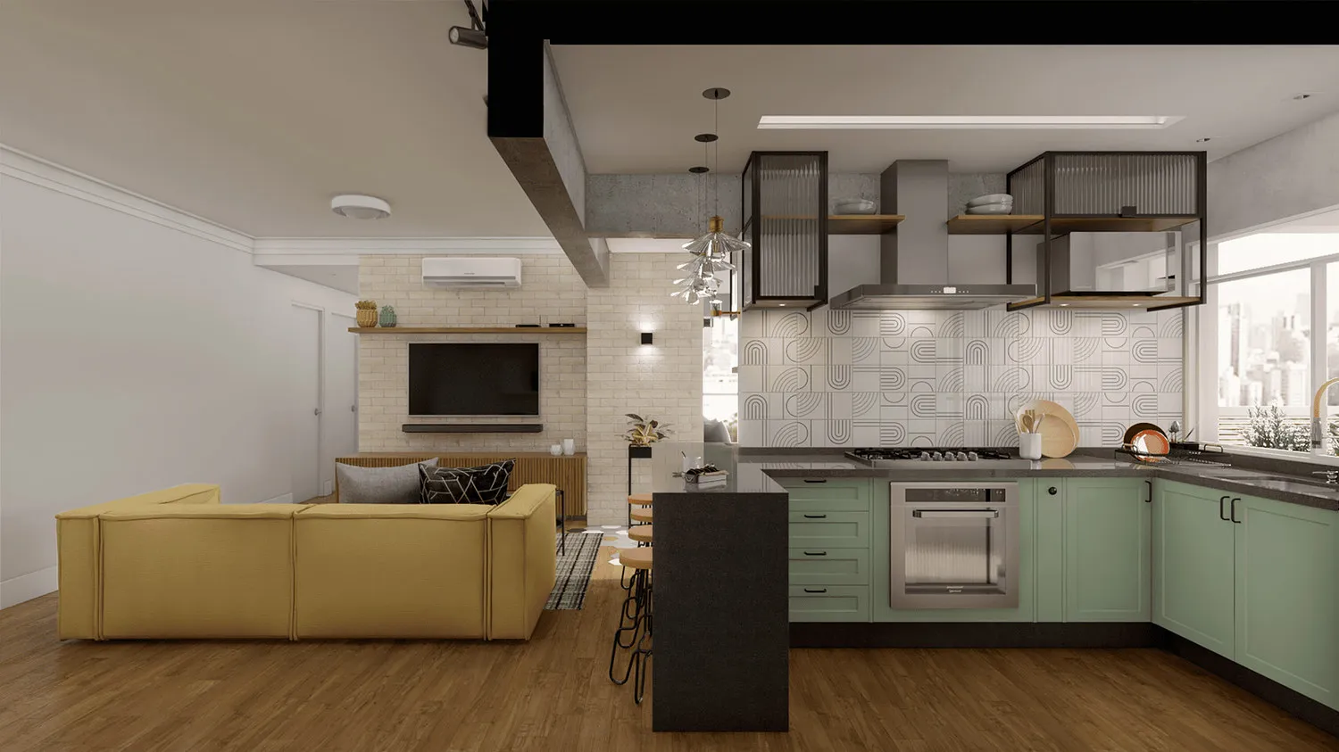 Render da cozinha verde com ilha preta, revestimento geométrico preto e branco, banquetas de couro e sofá amarelo à esquerda