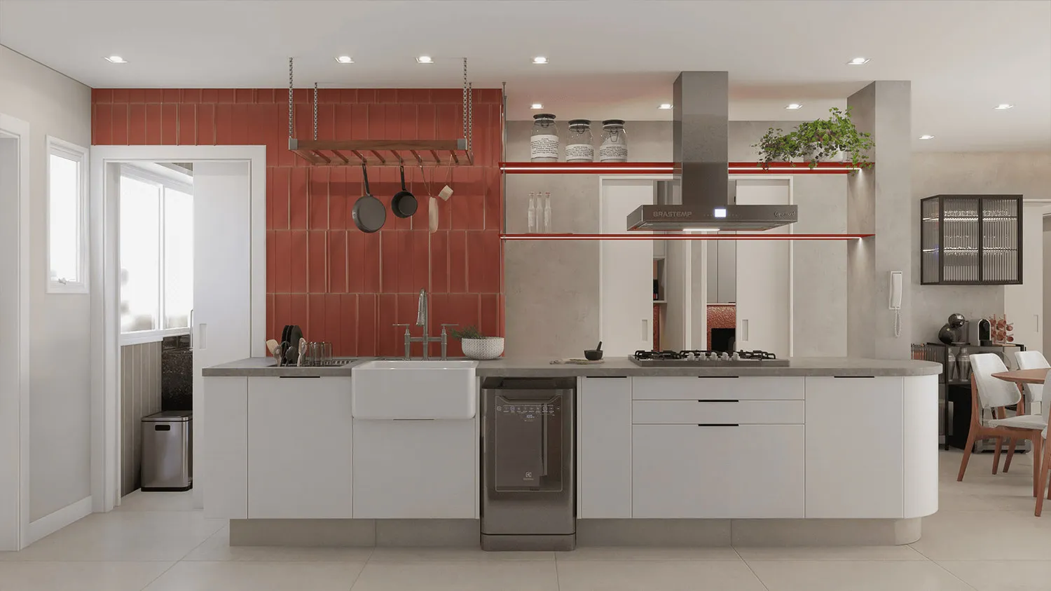 Cozinha projetada com ilha de bancada de concreto, azulejo terracota, cuba branca, coifa inox e varal de panelas