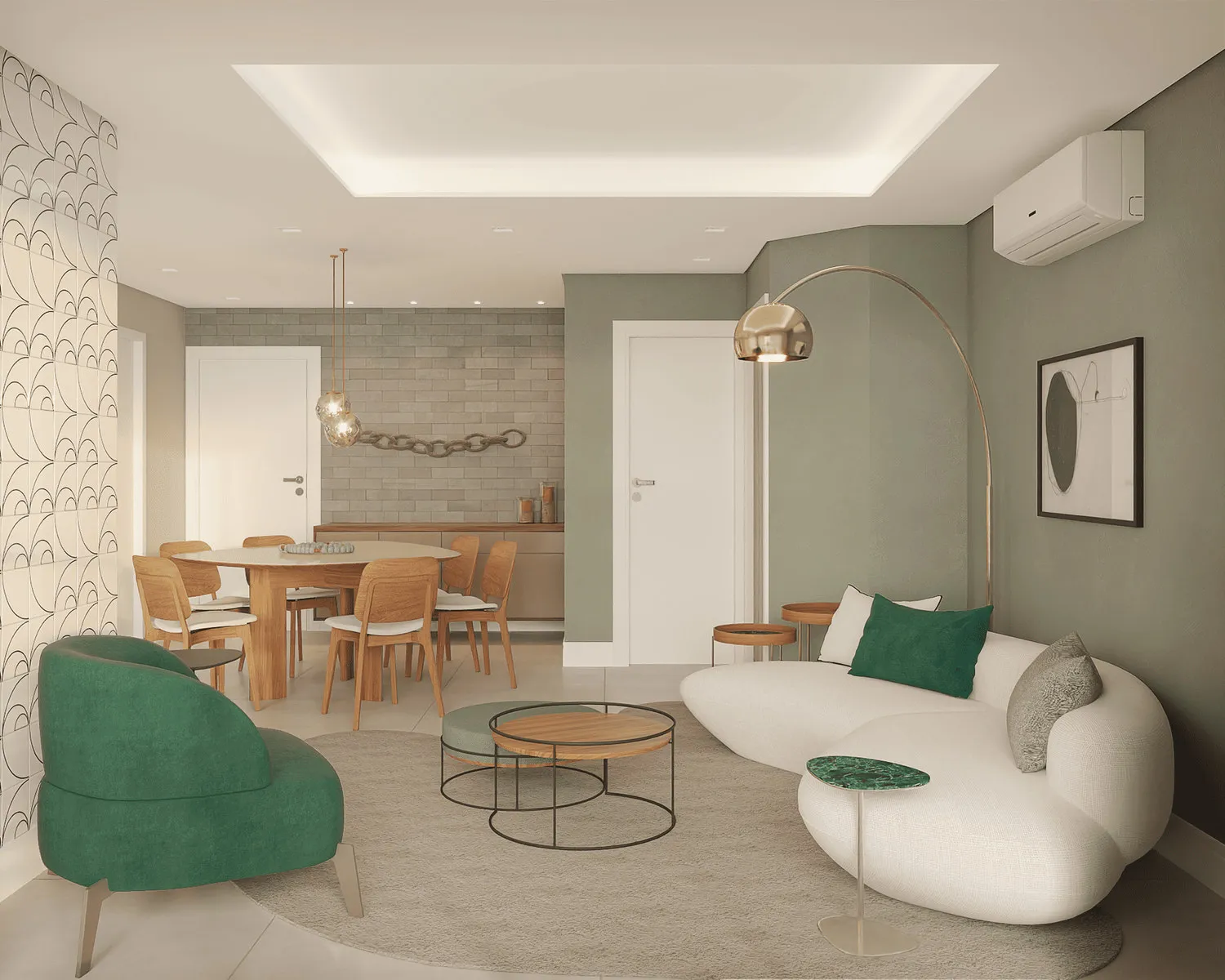 Projeto 3D da sala integrada com sofá curvo branco, poltrona verde, parede verde-sálvia, luminária arco dourada e mesa de jantar de madeira