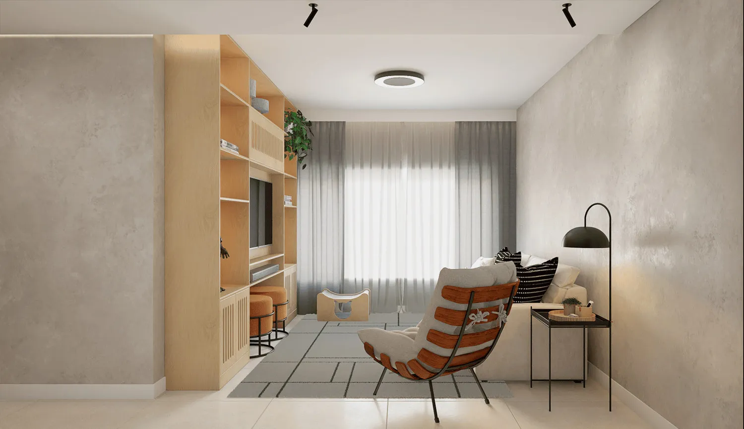 Projeto 3D da sala com estante de madeira clara, sofá bege, cortina cinza e luminária de piso preta