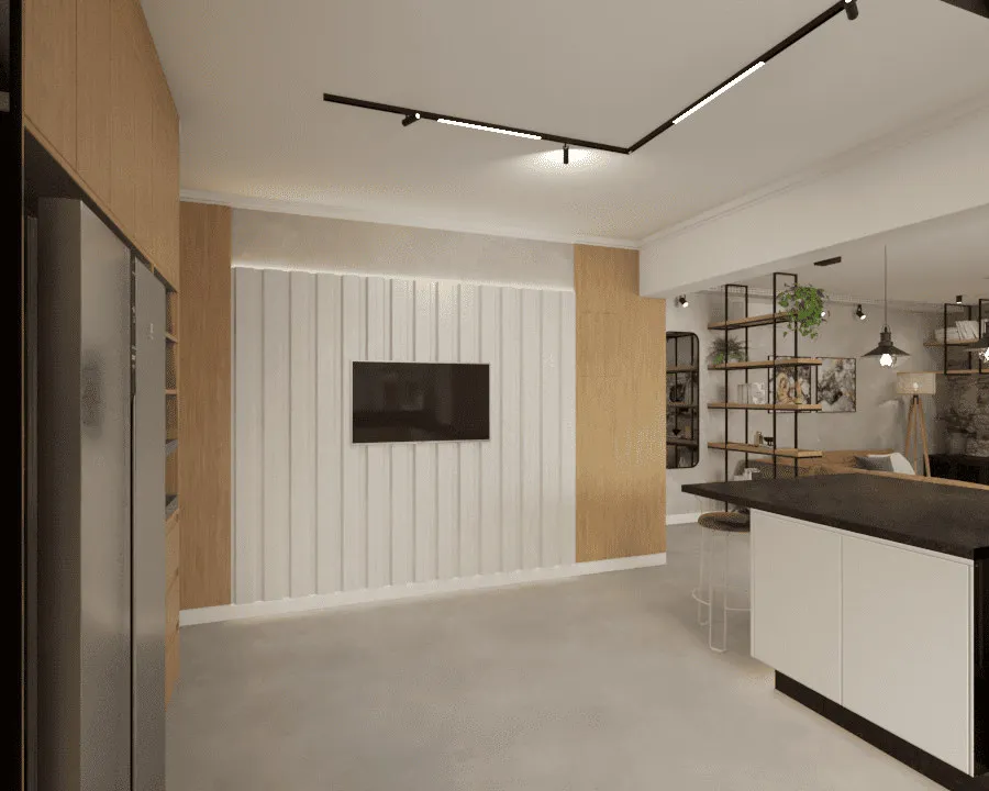 Render do painel ripado branco com TV, marcenaria de madeira clara, geladeira inox e ilha da cozinha ao fundo