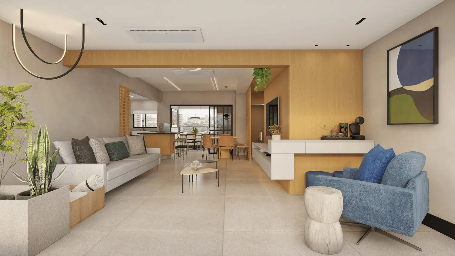 Render do living integrado com sofá cinza, poltrona azul, quadro abstrato e cozinha ao fundo