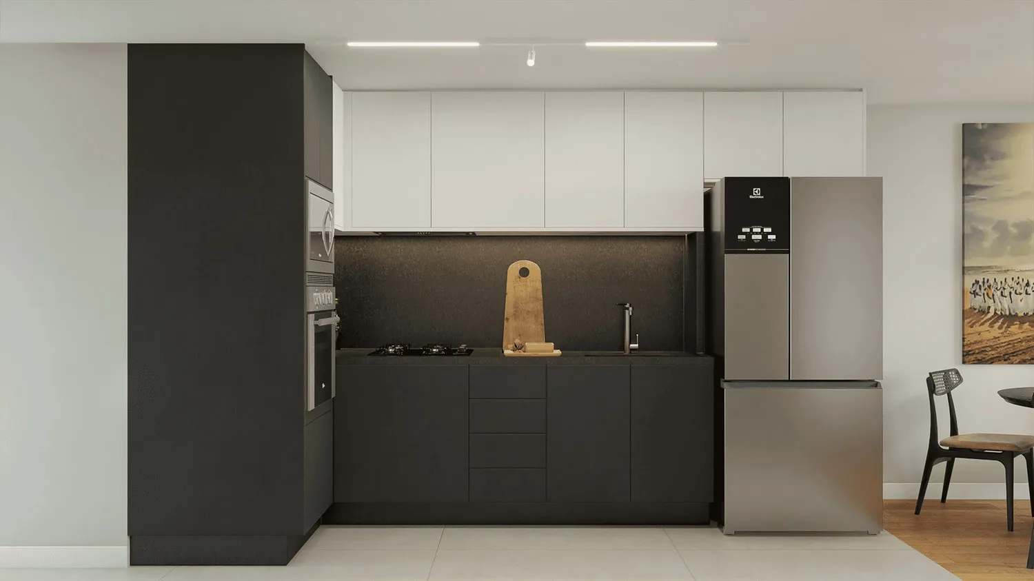 Cozinha projetada com marcenaria preta, armários superiores brancos, revestimento escuro e geladeira inox