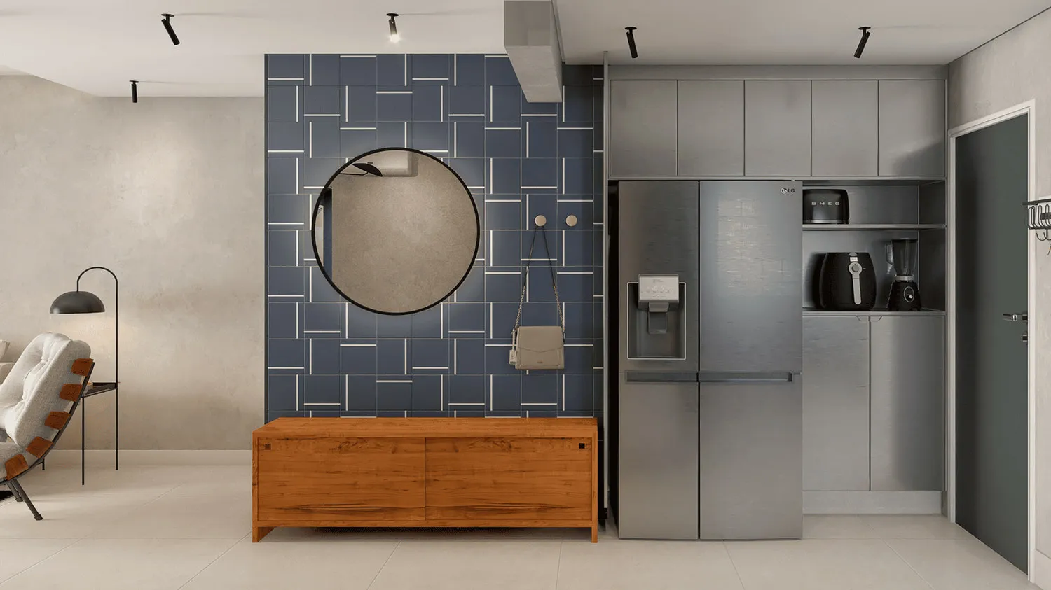 Render do hall com revestimento azul geométrico, espelho redondo, aparador de madeira e geladeira inox