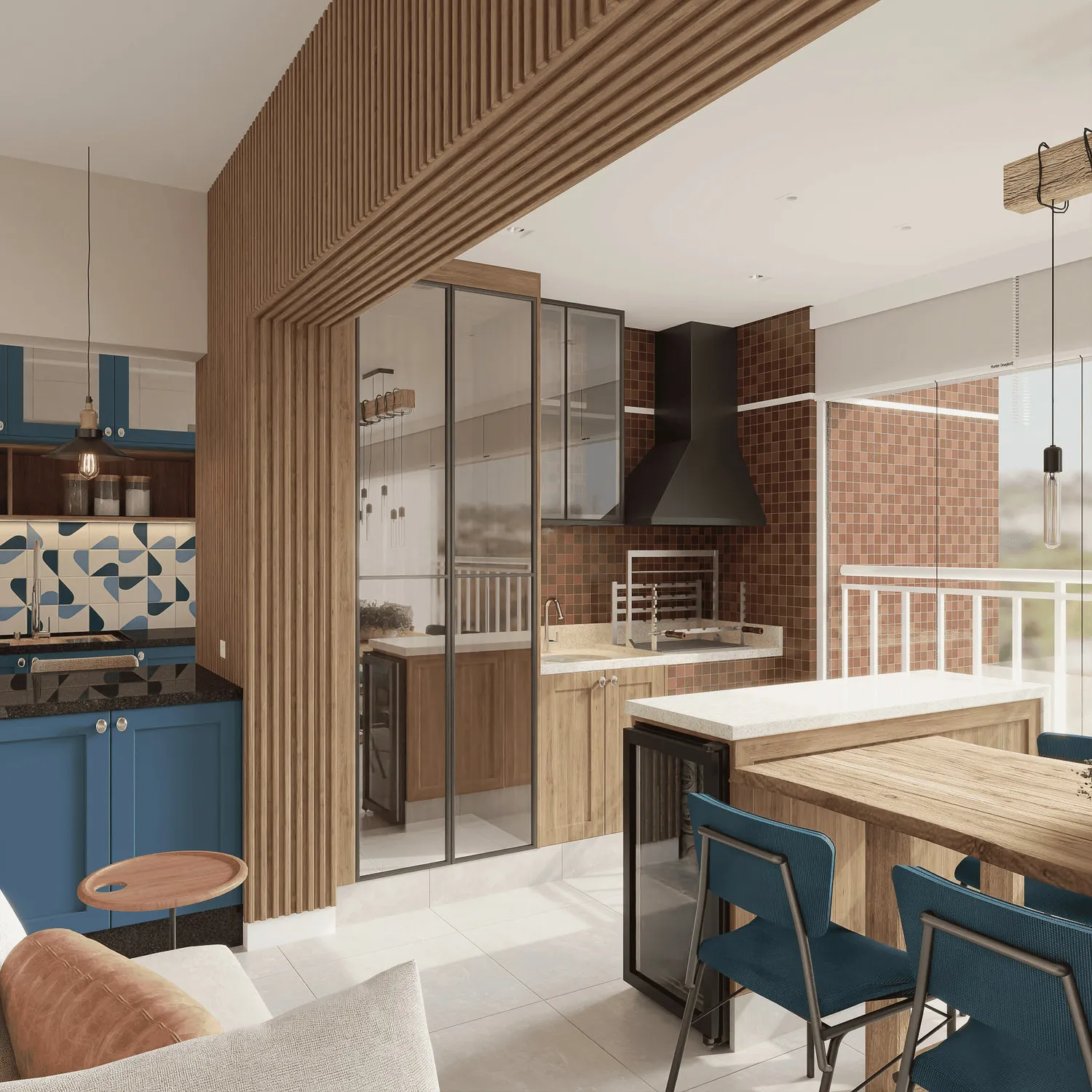 Render da varanda gourmet com marcenaria Shaker azul, pastilha terracota, churrasqueira preta, mesa de madeira e cadeiras azuis