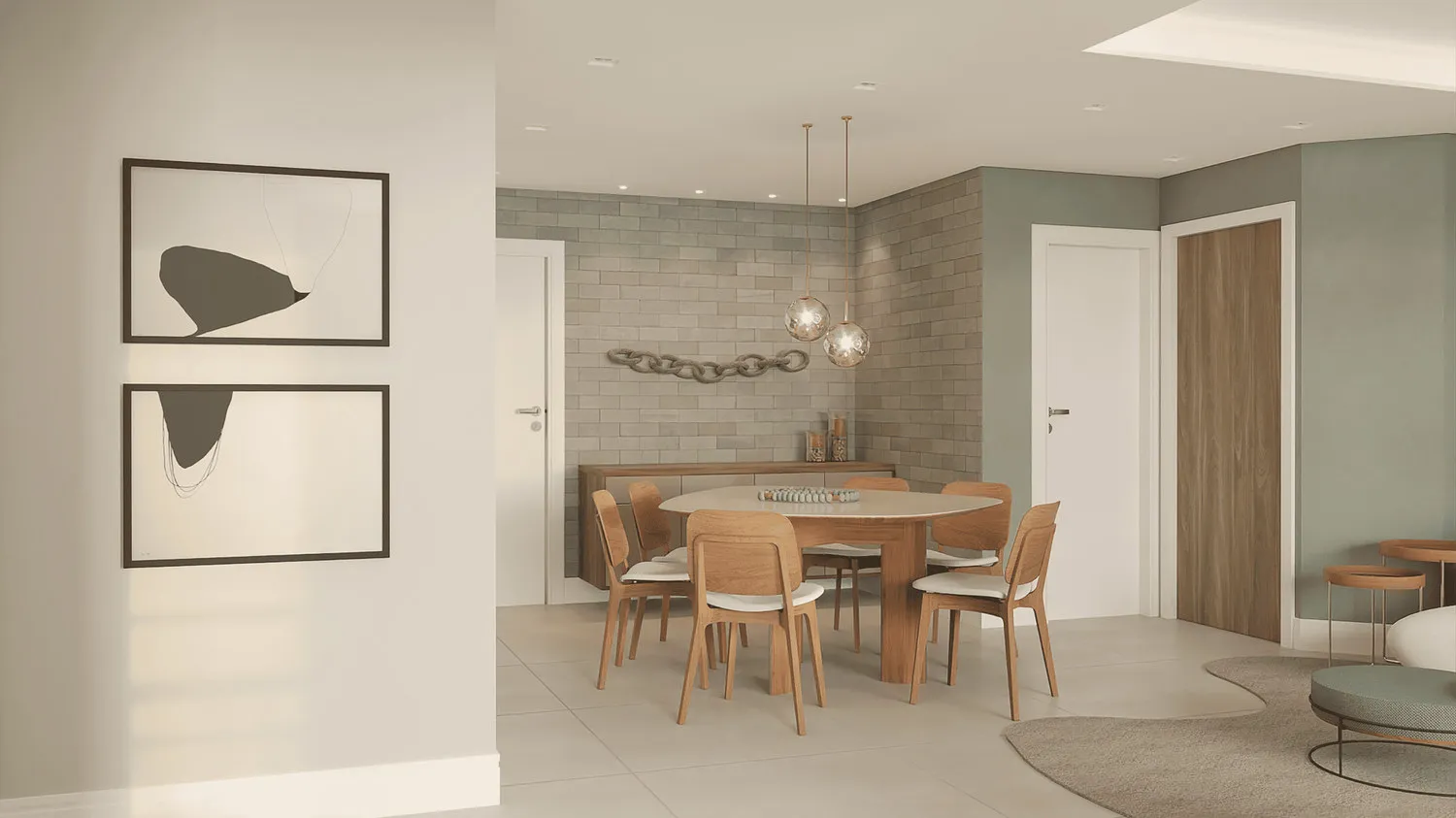 Render da sala de jantar com mesa oval branca, cadeiras de madeira, pendentes esféricos, parede de tijolinho cinza e quadros abstratos