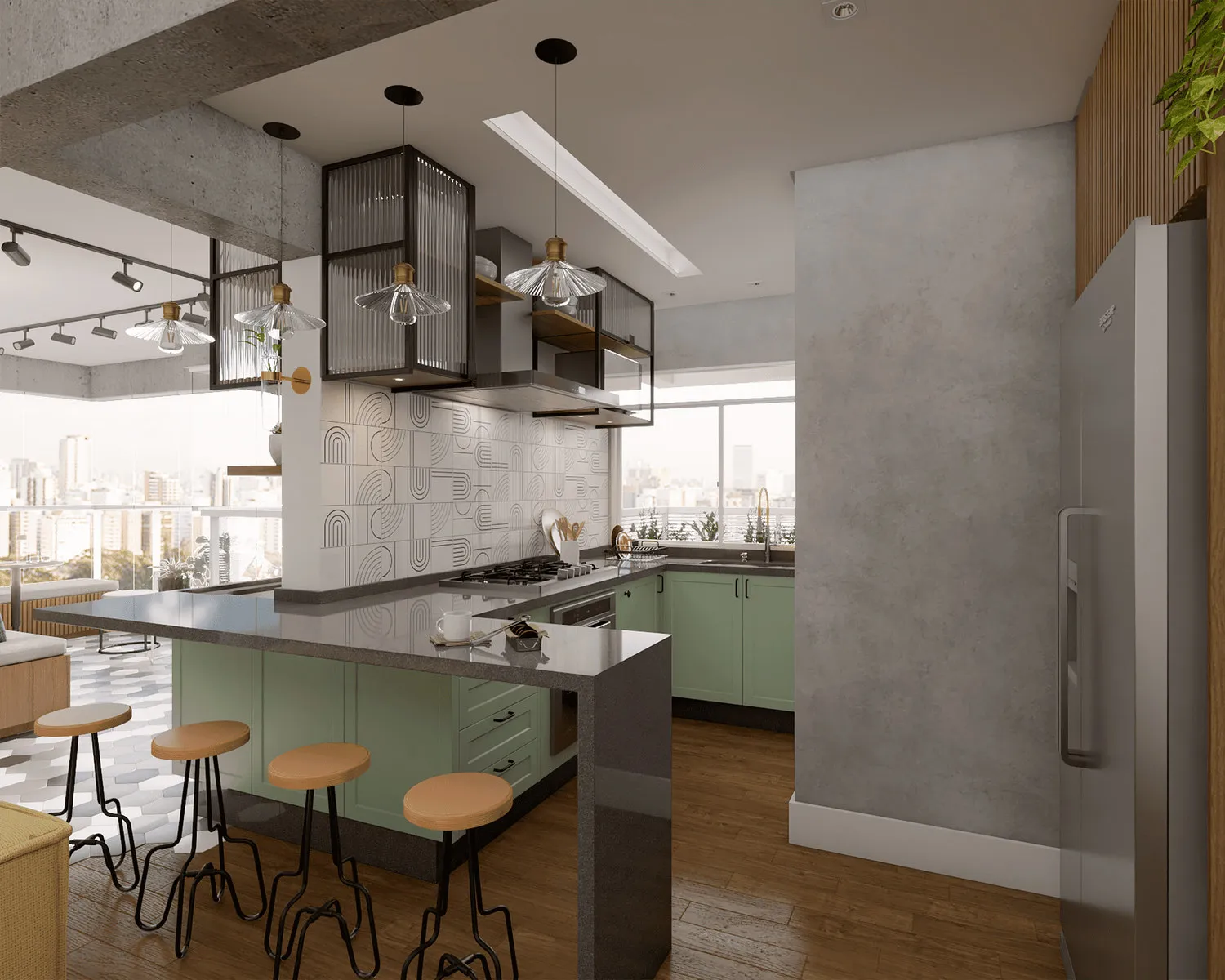 Cozinha projetada com península cinza, marcenaria verde, banquetas de couro, pendentes de vidro e piso hexagonal, com vista da cidade