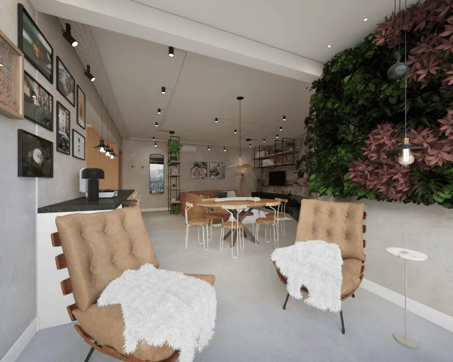Projeto 3D da sala com poltronas de couro e manta branca, jardim vertical exuberante, galeria de quadros e mesa de jantar ao fundo
