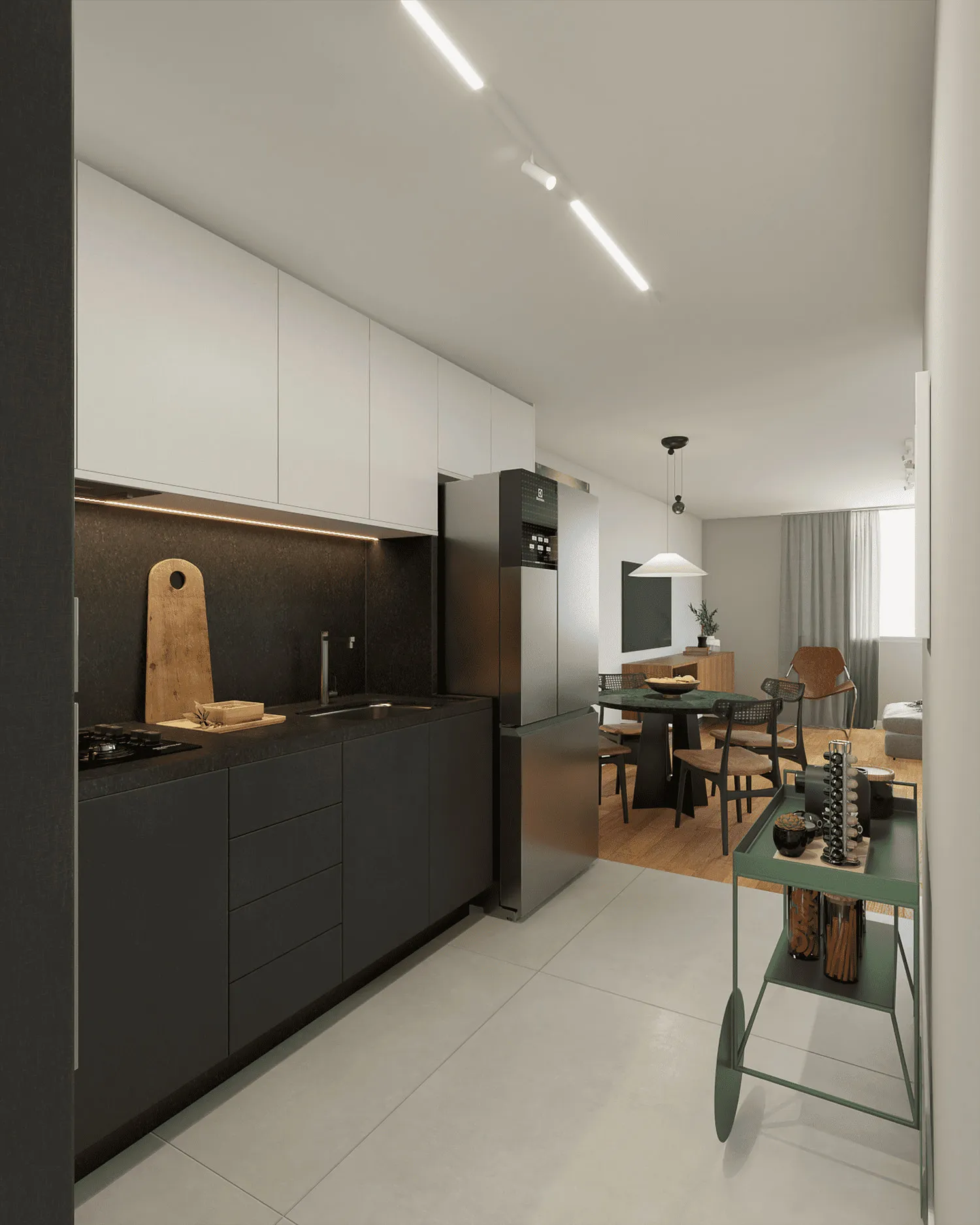 Render da cozinha em corredor com marcenaria preta, piso porcelanato claro, carrinho verde e sala de jantar ao fundo