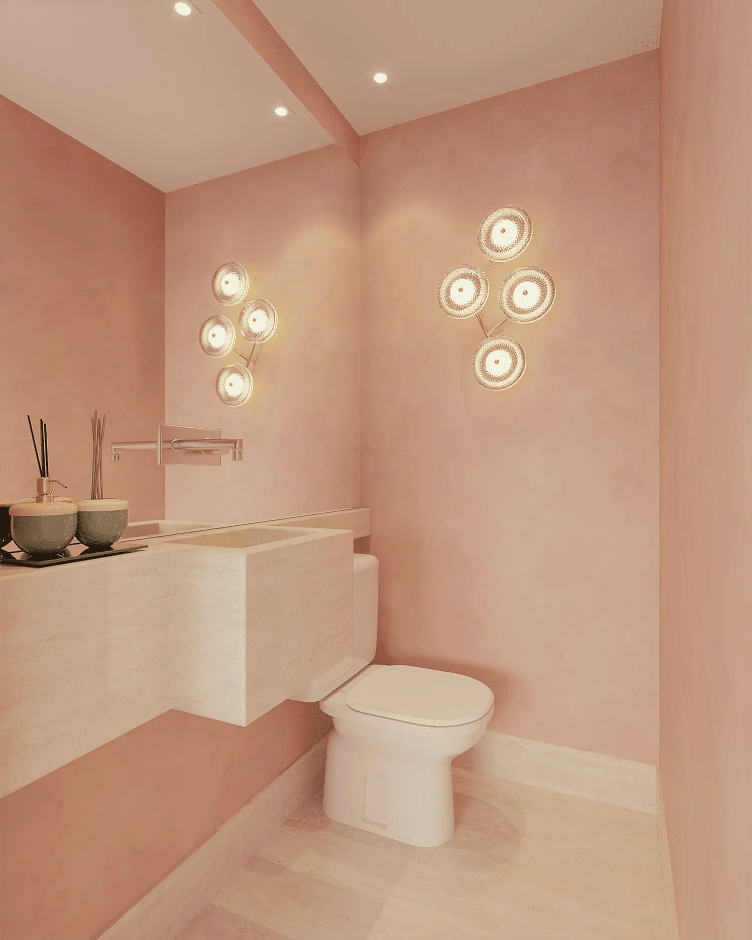 Projeto 3D do lavabo em cimento queimado rosé, cuba esculpida em travertino, arandelas de discos de vidro e torneira de parede cromada