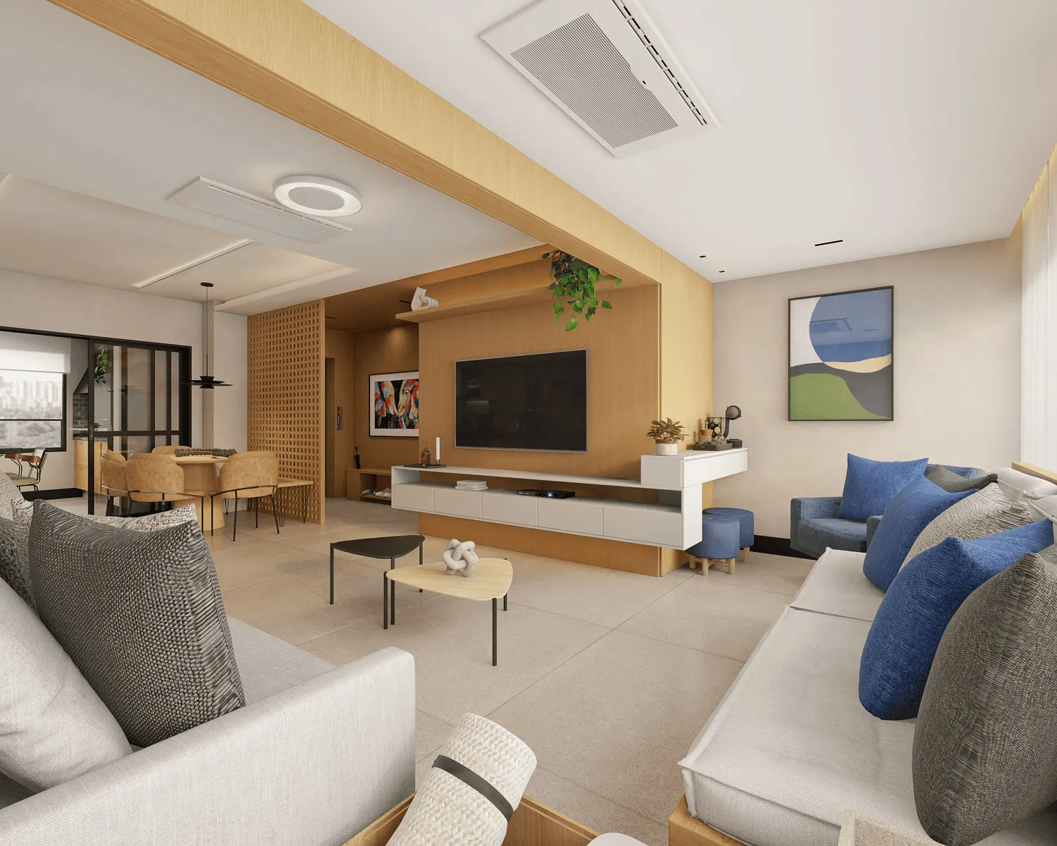 Projeto 3D do estar com dois sofás cinza, almofadas azuis, painel de madeira com TV e jantar ao fundo