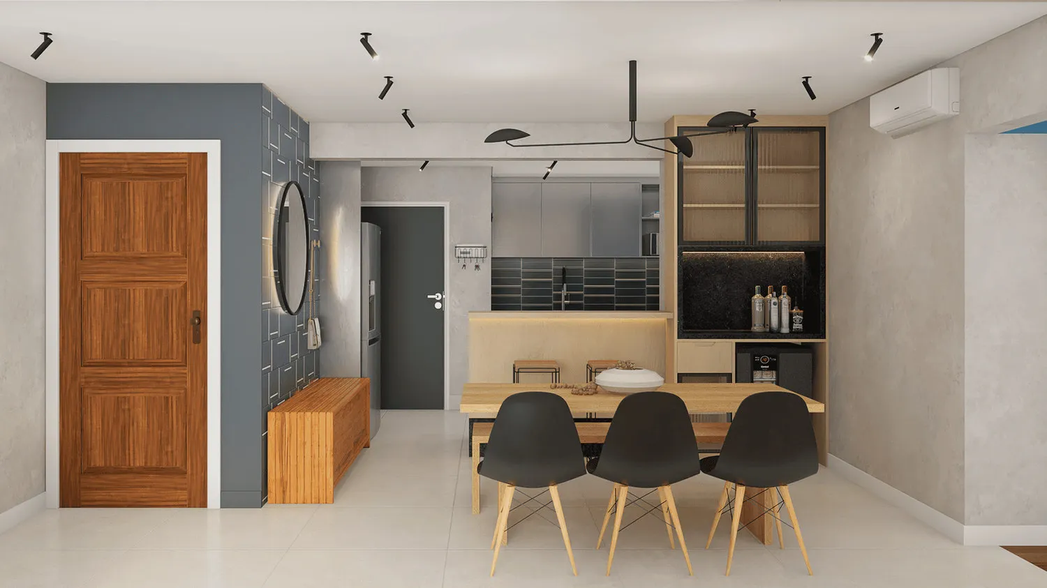 Projeto 3D da sala de jantar com mesa de madeira, cadeiras Eames pretas, espelho redondo e cozinha ao fundo