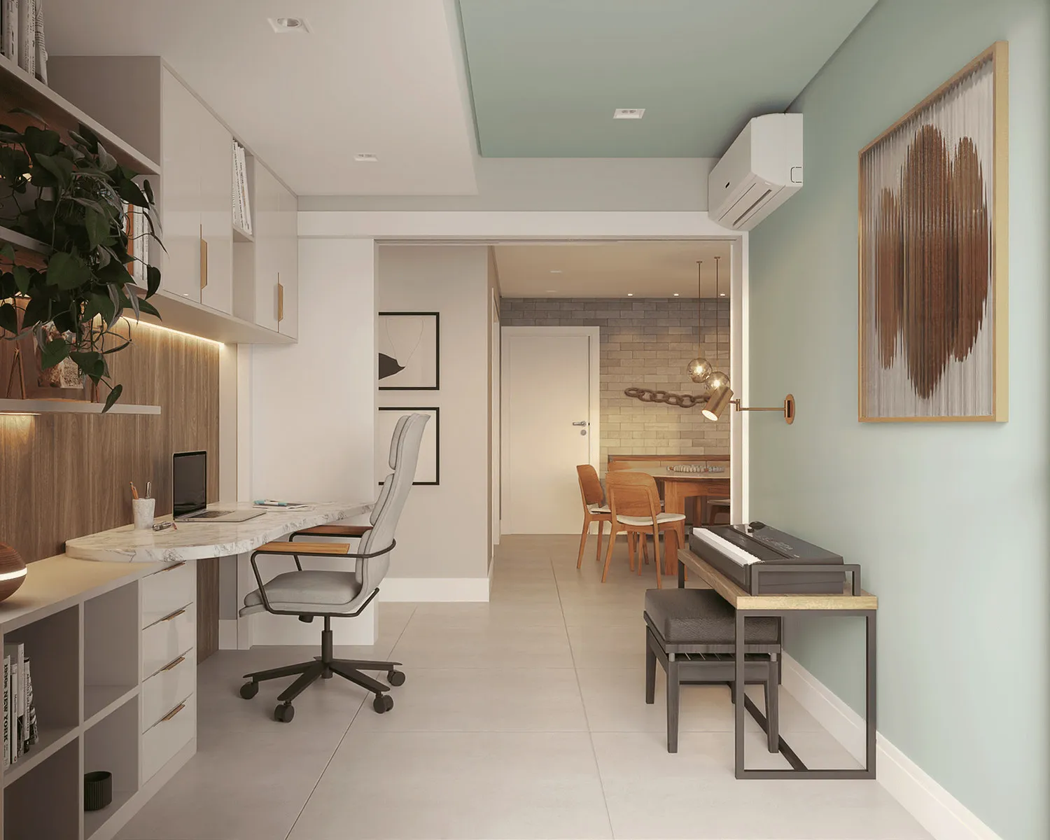 Render do home office com bancada de mármore, marcenaria amadeirada, cadeira cinza, teto verde e teclado musical junto à parede sálvia