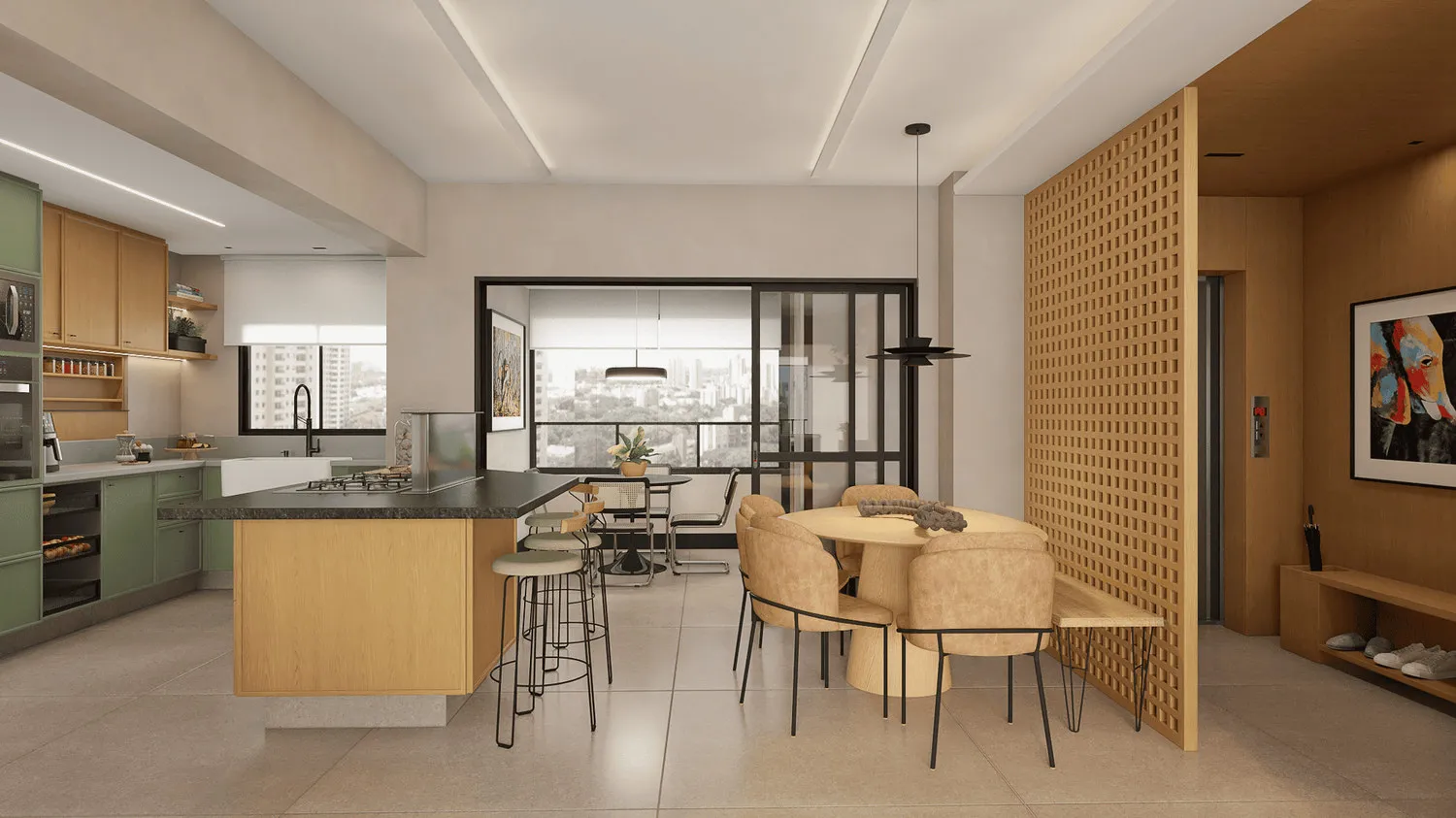 Render da cozinha integrada com marcenaria verde, ilha de madeira com tampo preto e mesa de jantar redonda
