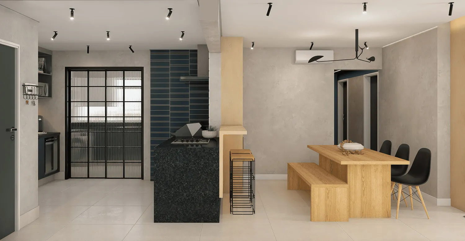 Render da cozinha com ilha de granito preto, cooktop, porta de vidro canelado e mesa de jantar de madeira