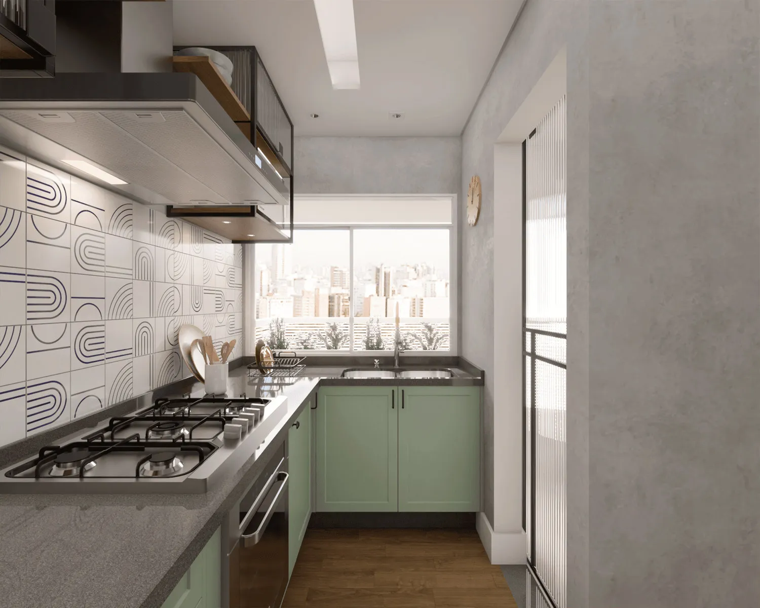 Cozinha estreita com marcenaria verde, bancada cinza, cooktop, revestimento geométrico azul e janela com vista da cidade