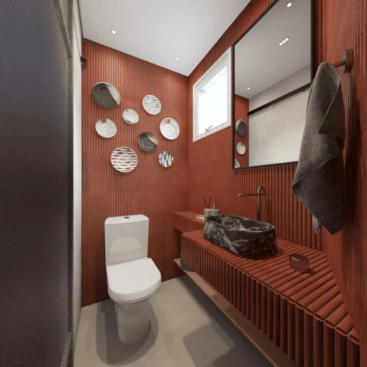 Lavabo projetado com ripado terracota, cuba de mármore preto, pratos decorativos na parede e espelho amplo