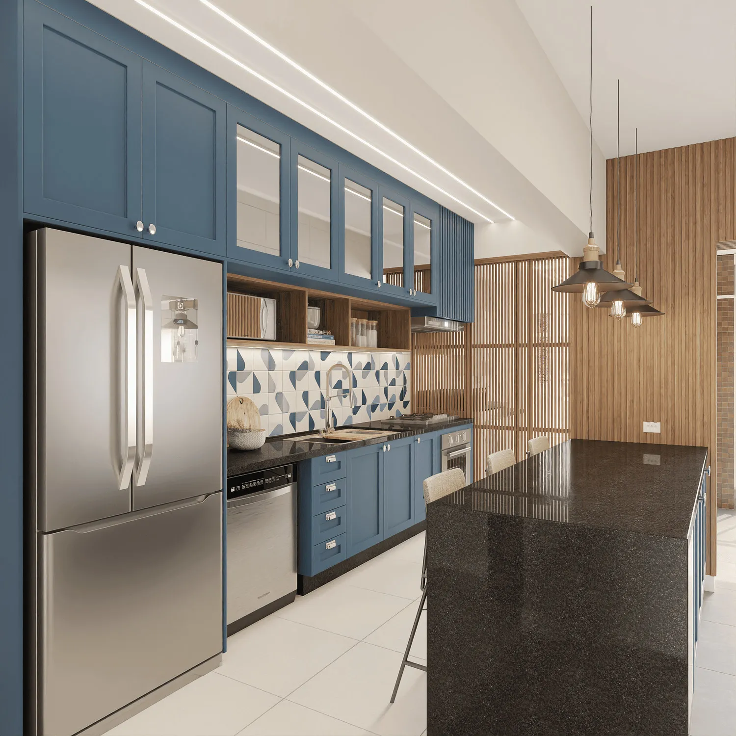 Cozinha projetada com marcenaria azul, ilha de granito preto, revestimento geométrico azul, geladeira inox e pendentes metálicos