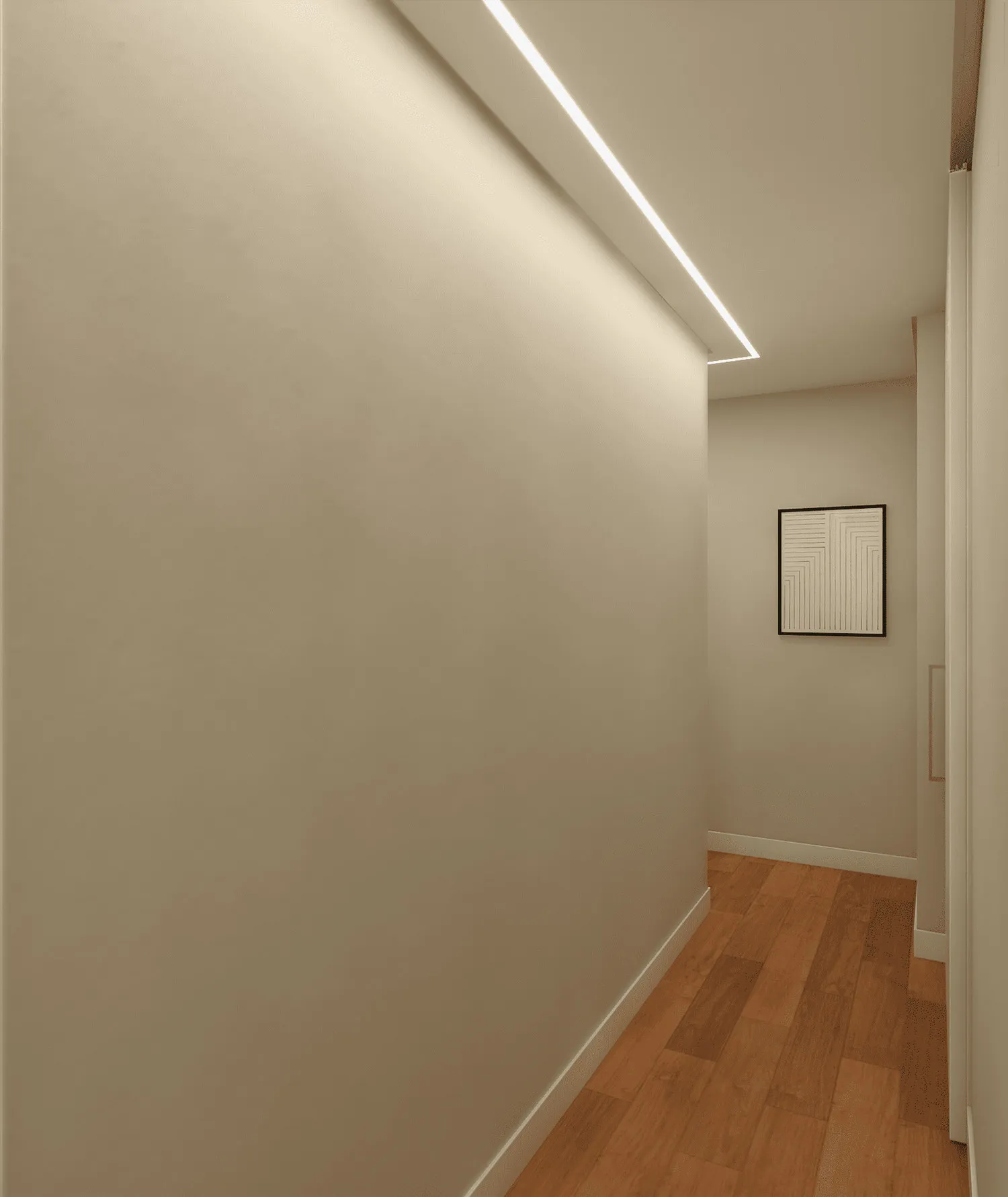 Corredor minimalista com iluminação linear embutida no teto, paredes claras, piso de madeira e quadro geométrico