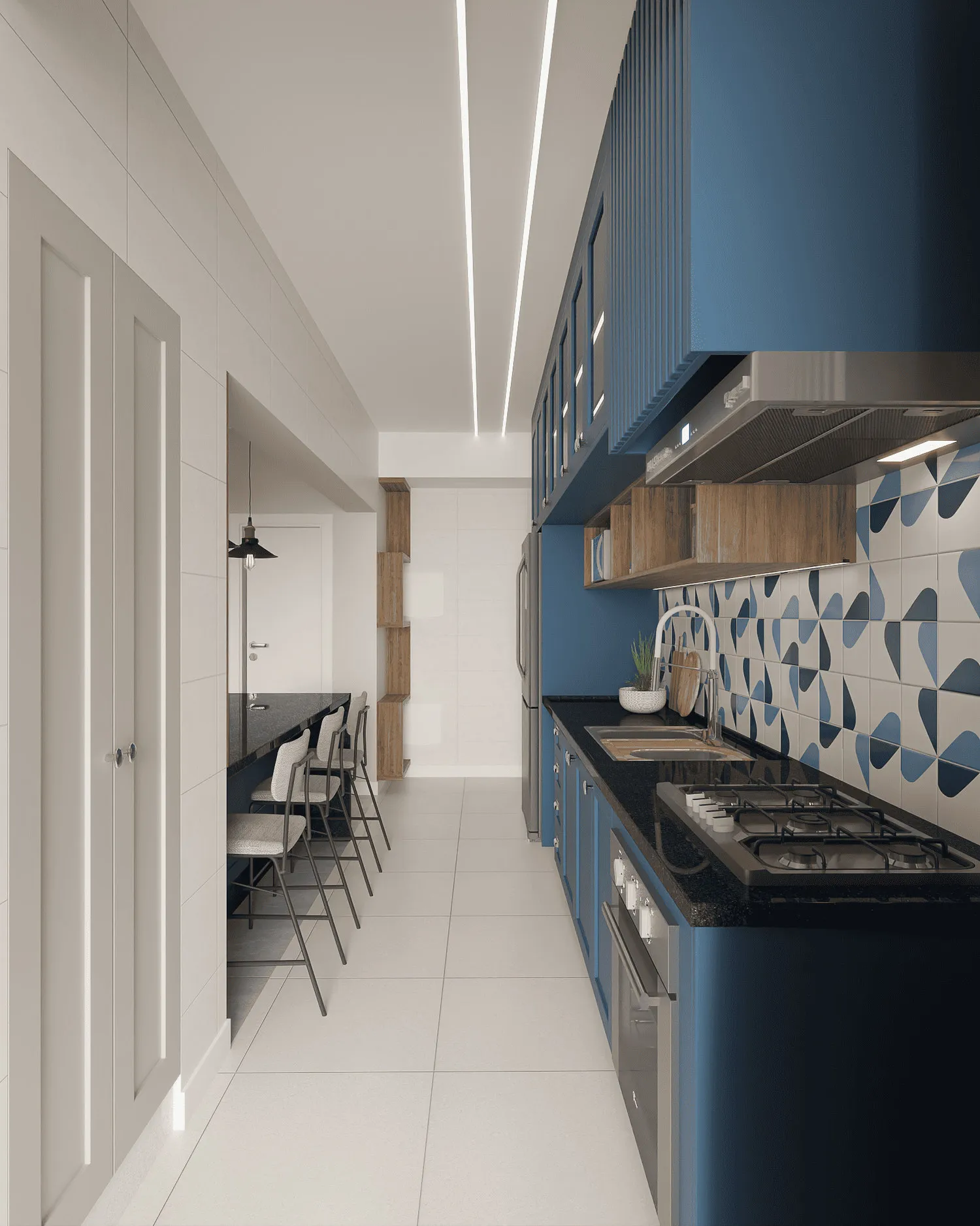Render da cozinha em corredor com armários azuis, bancada de granito preto, cooktop, revestimento geométrico e bancada com banquetas