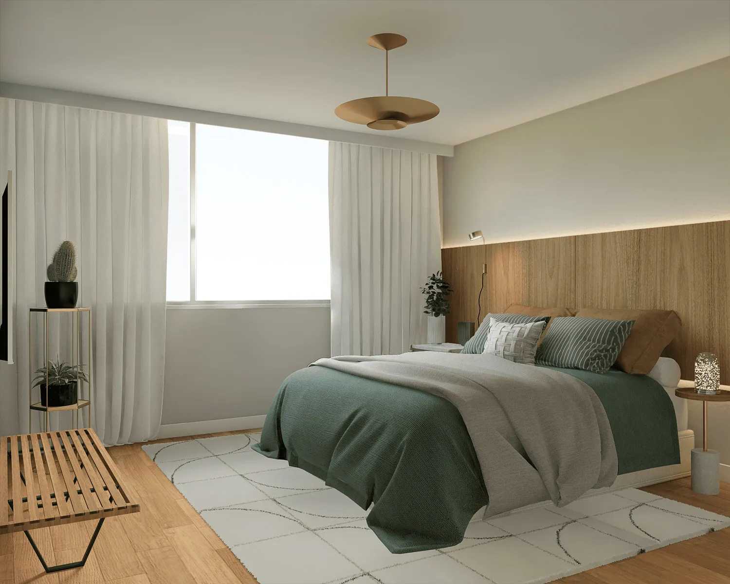 Projeto 3D do quarto de casal com cabeceira de madeira, roupa de cama verde, tapete claro e pendente dourado