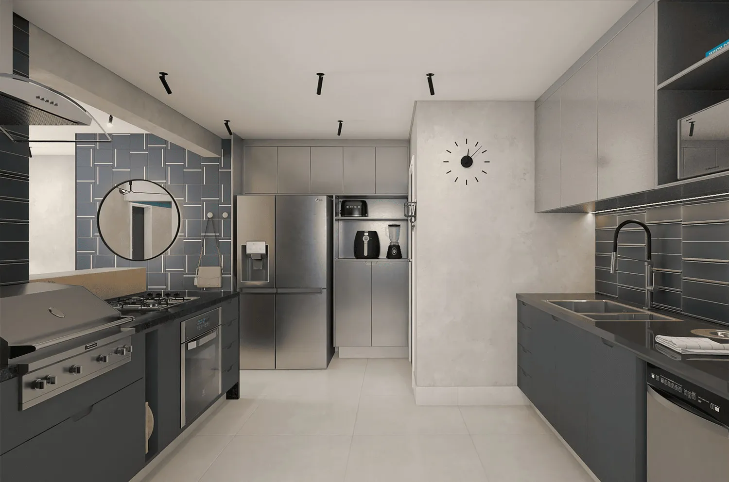 Projeto 3D da cozinha com marcenaria cinza, geladeira inox, revestimento azul e espelho redondo