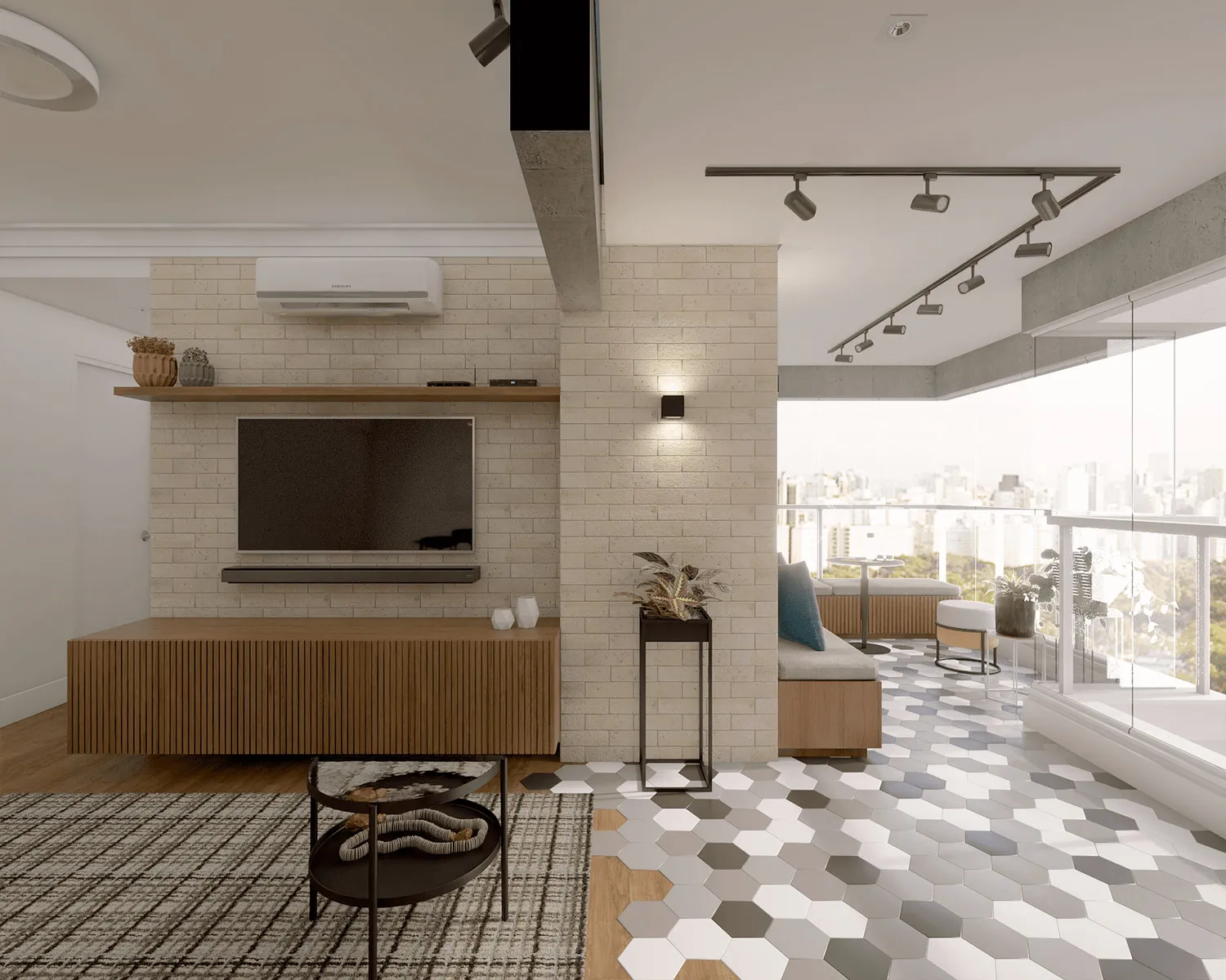 Render da sala com painel de tijolo branco, TV e rack ripado de madeira, tapete xadrez e piso hexagonal levando à varanda
