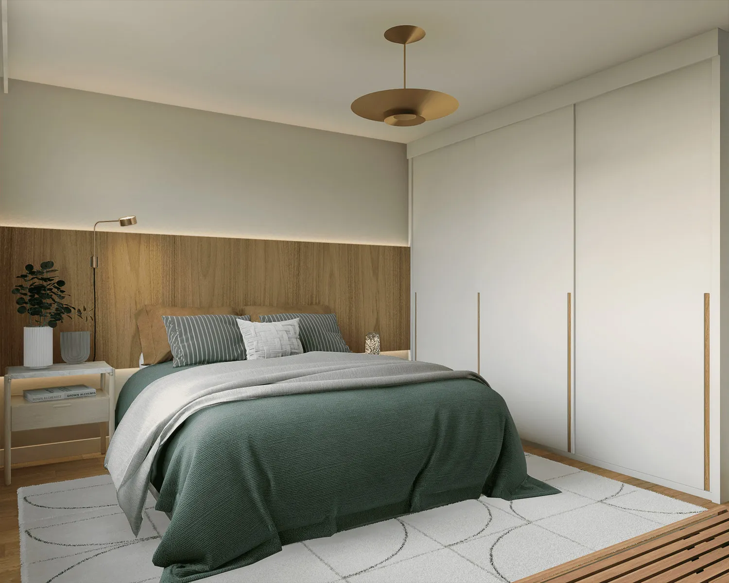 Quarto de casal com cabeceira ripada de madeira, colcha verde, guarda-roupa branco e criado-mudo com plantas