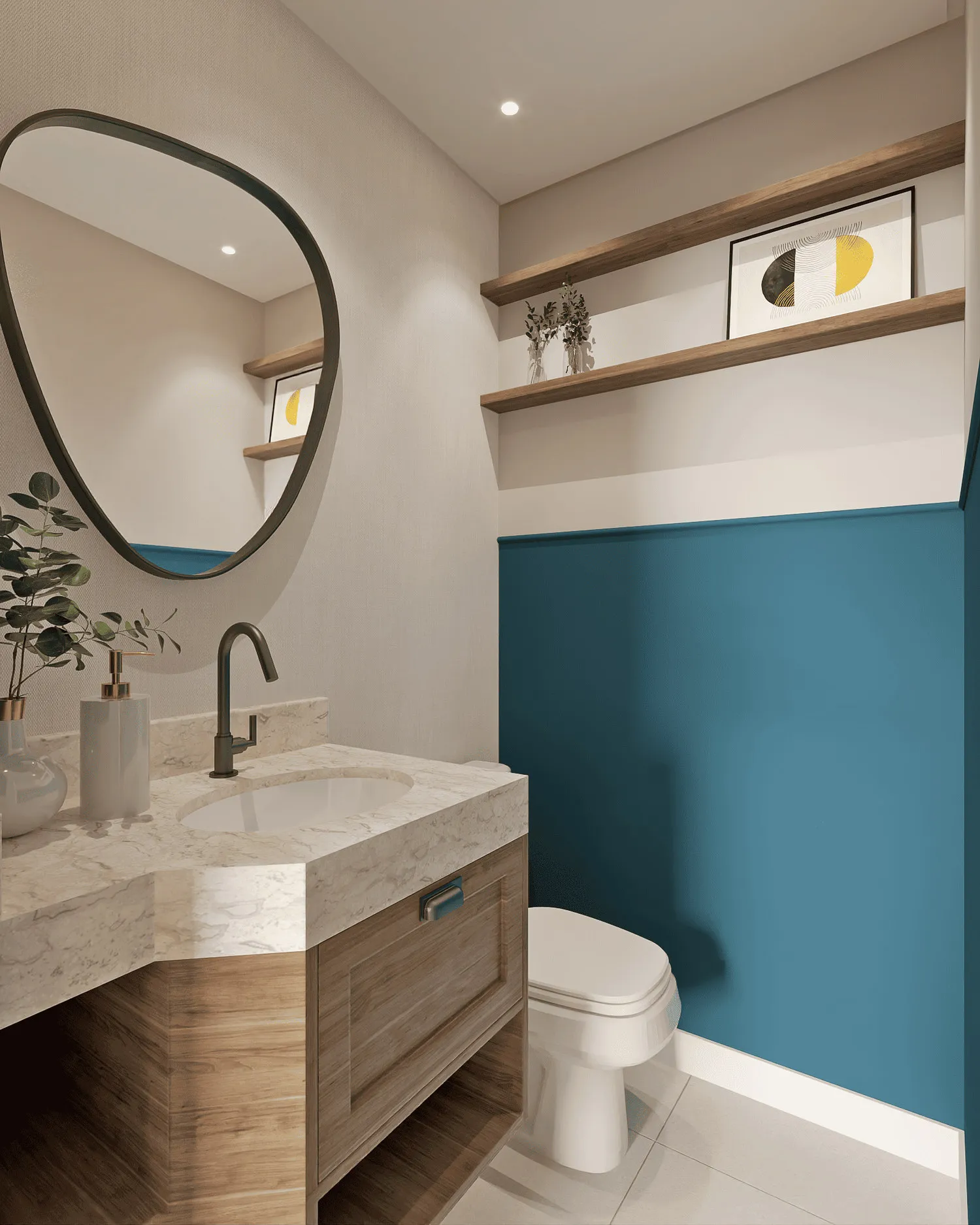 Lavabo com bancada de mármore, gabinete de madeira, espelho orgânico, parede azul petróleo e prateleiras de madeira com quadros