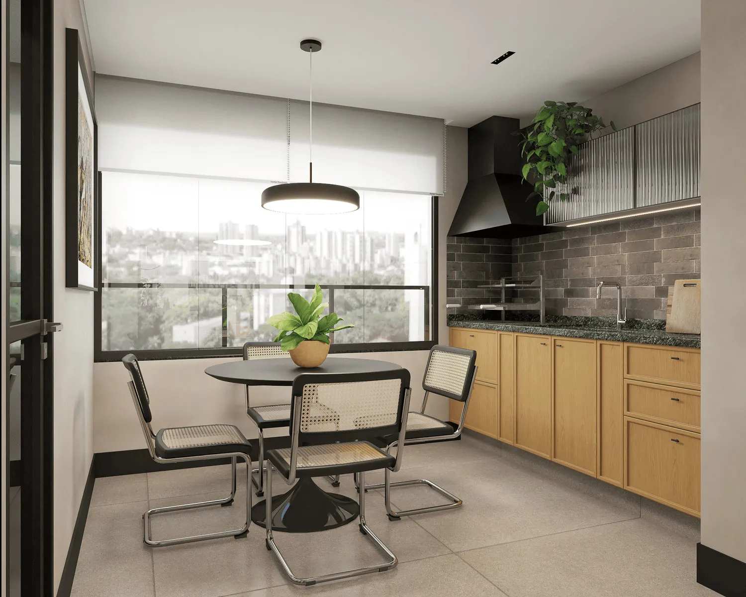Render da cozinha gourmet com coifa preta, revestimento de tijolinho cinza, marcenaria de madeira e vista da cidade