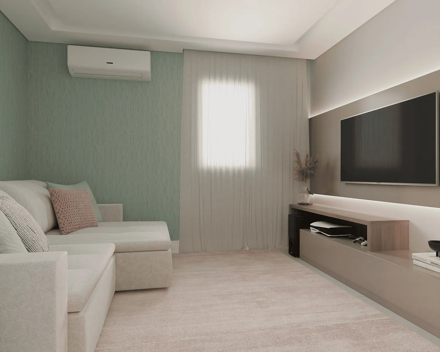 Render da sala de TV com sofá de canto claro, parede verde-sálvia, painel amadeirado com TV, almofada rosé e cortina voile