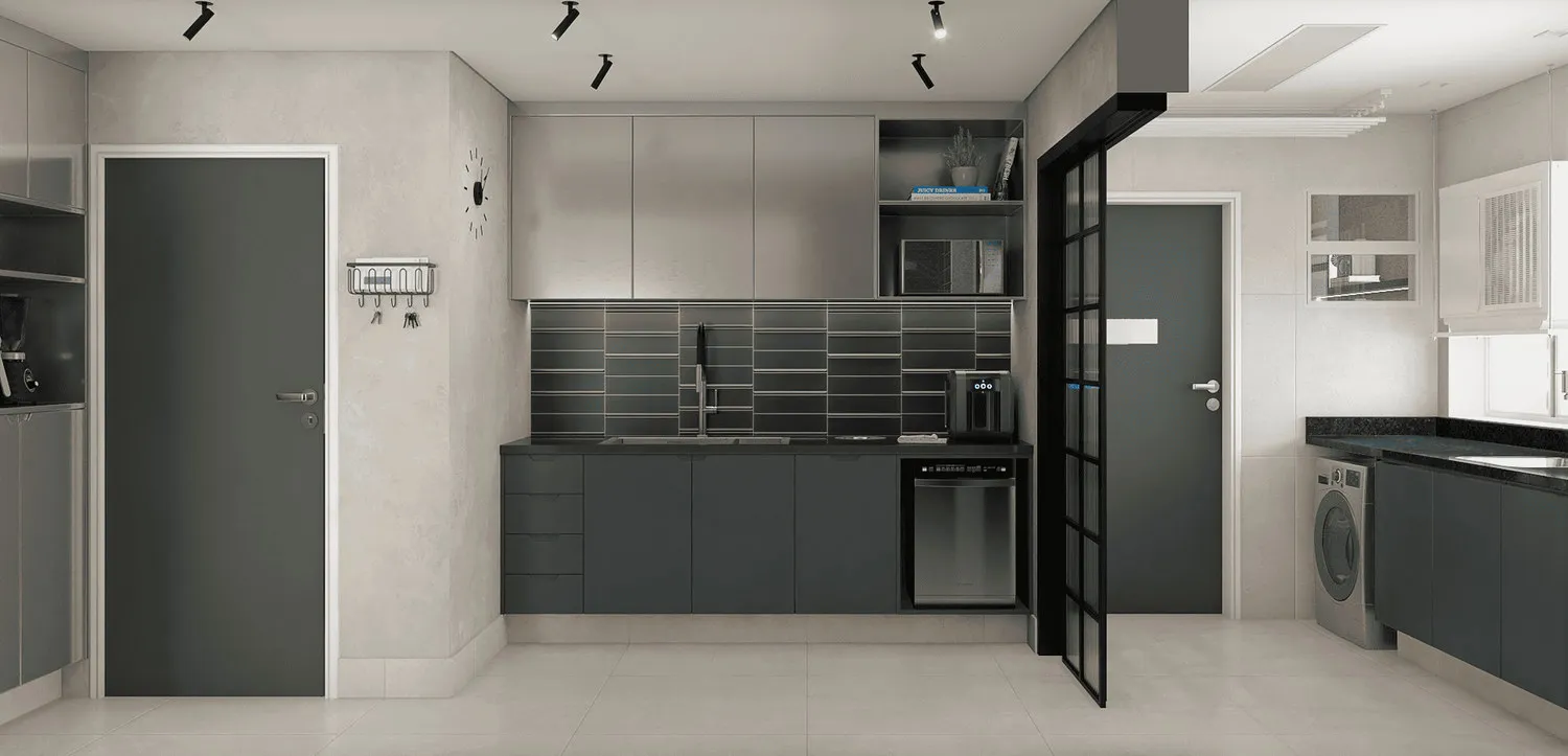 Render da cozinha com marcenaria cinza, bancada preta, revestimento preto ripado e porta de vidro canelado