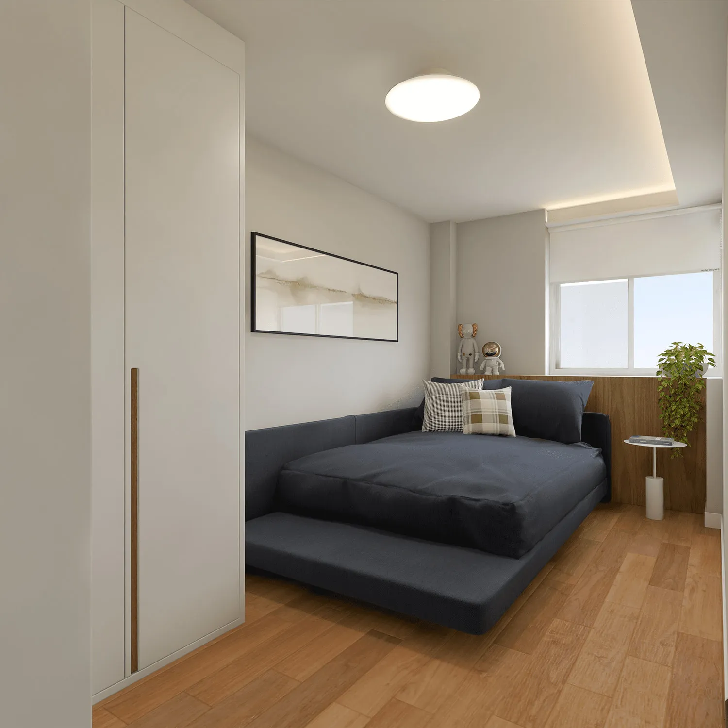 Render do quarto de solteiro com cama azul, guarda-roupa branco, quadro de moldura preta e piso de madeira