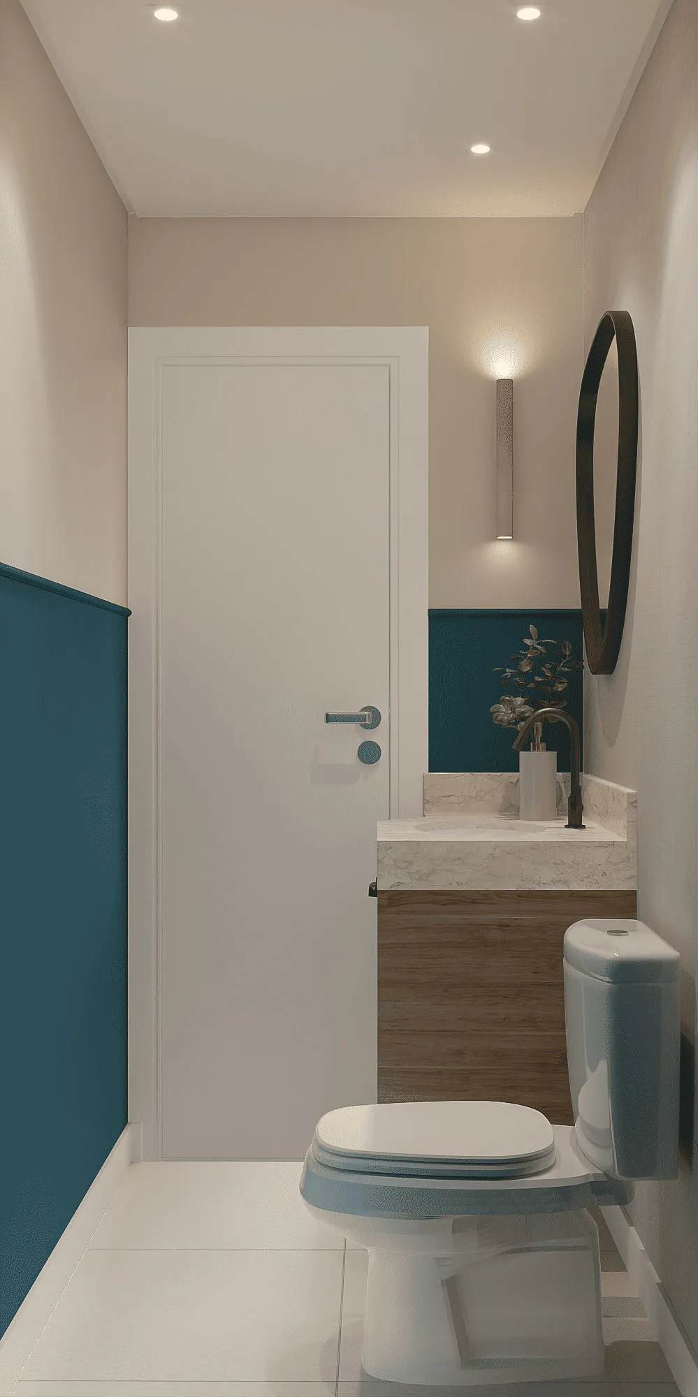 Render do lavabo com meia parede azul petróleo, gabinete de madeira, bancada de mármore, espelho redondo e pendente tubular