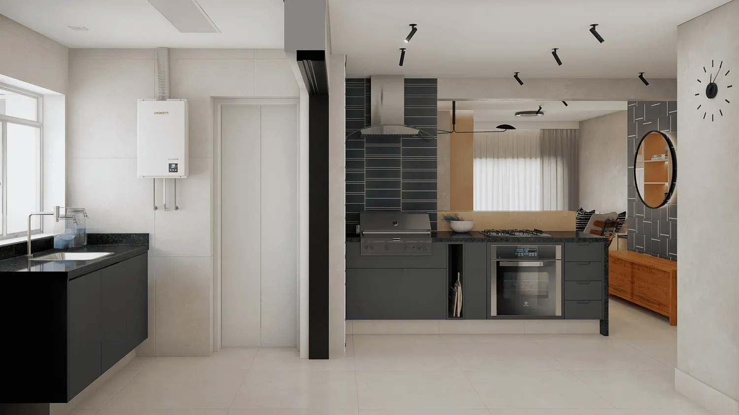Projeto 3D da cozinha com ilha de granito preto, cooktop, coifa inox e aparador de madeira