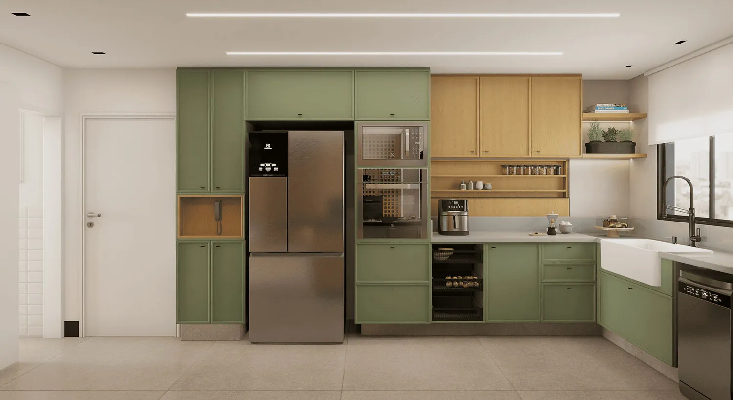 Projeto 3D da cozinha com marcenaria verde, geladeira inox, torre de fornos embutidos e nichos de madeira